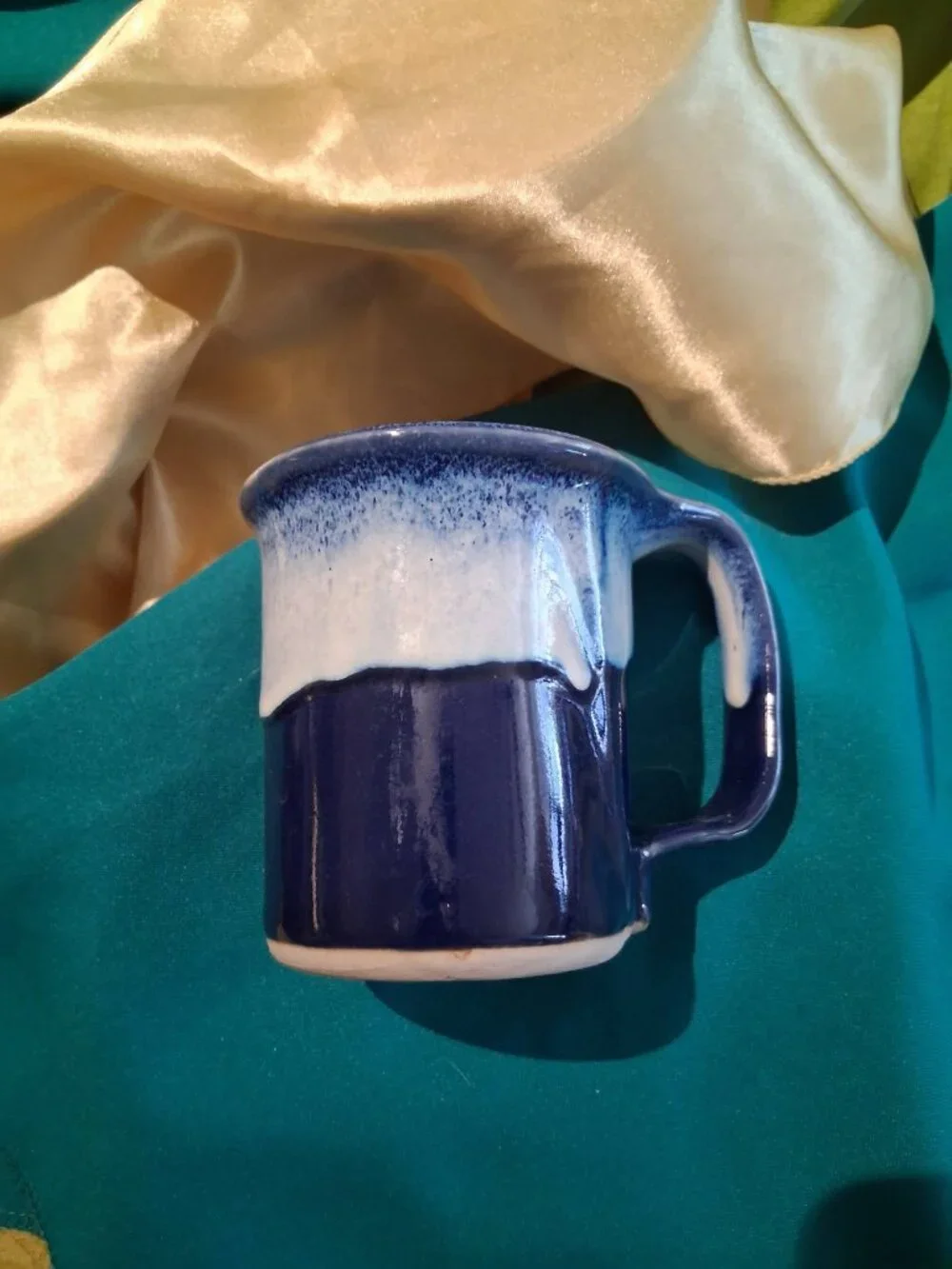 Vintage Bay Pottery Blue & White Drip Glaze Stoneware Coffee Mug Signed